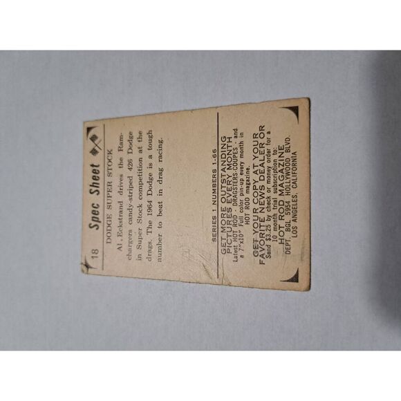 Vintage 1965 Hot Rod Magazine #18 Spec Sheet Dodge Super Stock Trading Card - Picture 5 of 5